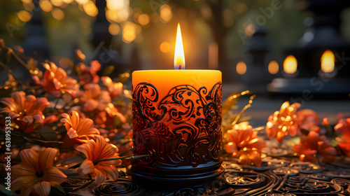 a grave candle with flowers (Generative AI)