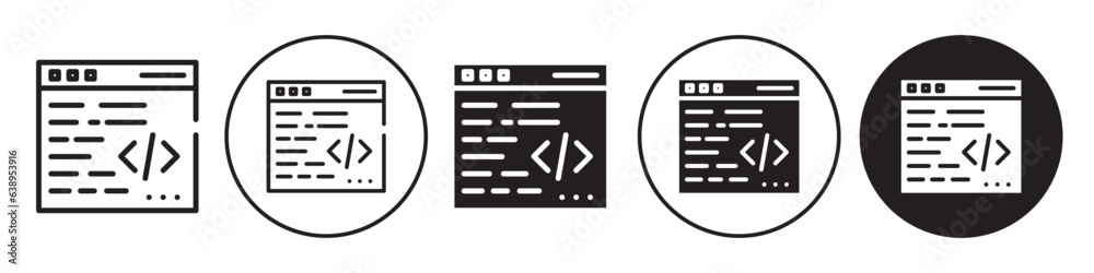 Coding icon. Symbol of developer interface with html, css or java code on browser terminal window. Vector set of writing binary source script to programming mobile app or website on computer web page. Coding icon. Symbol of developer interface with html, css or java code on browser terminal window. Vector set of writing binary source script to programming mobile app or website on computer web page.