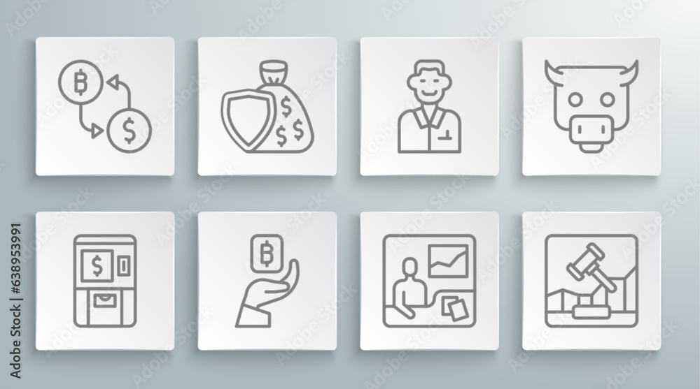 Set line ATM and money, Shield bag, Hand holding Bitcoin, Trading courses, Online internet auction, Trader, Bull market and Cryptocurrency exchange icon. Vector