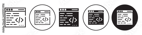 Coding icon. Symbol of developer interface with html, css or java code on browser terminal window. Vector set of writing binary source script to programming mobile app or website on computer web page.
