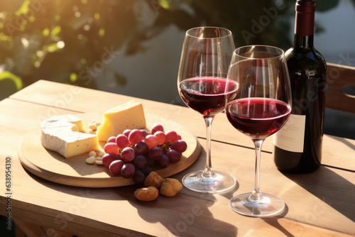 Beautiful background with a table on which there are two glasses of wine with a tasty set of cheeses and grapes with beautiful sunlight. generative ai 