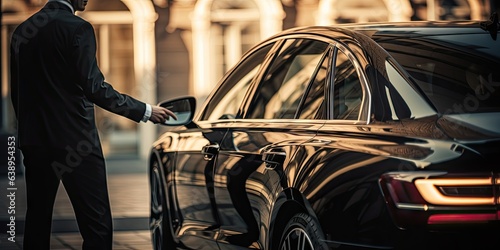 a man is reaching into a black sedan Generative AI photo