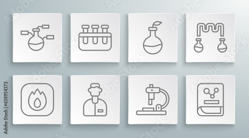 Set line Fire flame, Test tube and flask, Laboratory assistant, Microscope, Chemistry book, Plant breeding, and icon. Vector