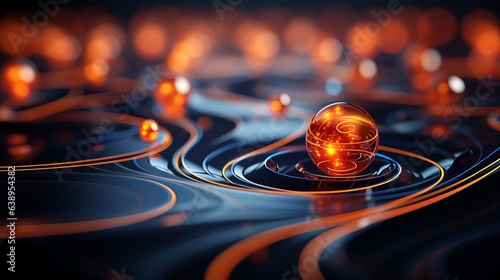 A glowing amber flame dances inside a glass ball, its abstract light drops cascading through the air like wild fire photo