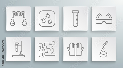 Set line Test tube flask on fire, Bacteria, Gaseous, Medical rubber gloves, and, Safety goggle glasses and icon. Vector