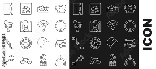 Set line Bicycle brake calipers, frame, wheel, on street ramp, Hiking backpack, seat, lane and helmet icon. Vector