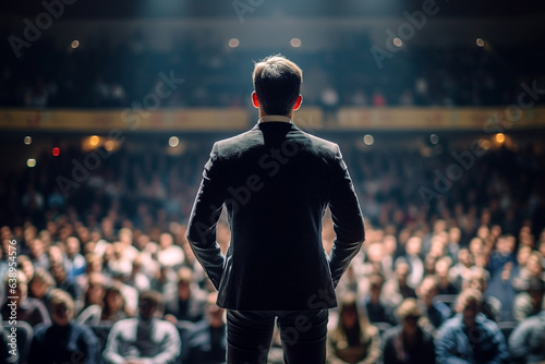 Back view of motivational speaker standing on stage in front of audience for motivation speech on conference or business event