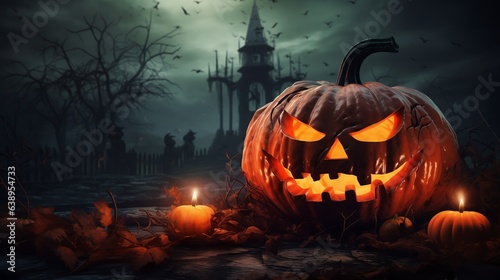 Gloomy Halloween background with spooky pumpkins, spooky Halloween haunted mansion. Generated AI