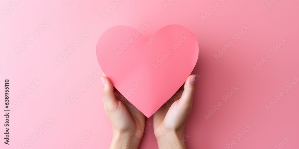 Young women hands holding paper pink heart on pink background, health care, donate and family insurance concept, world heart day, world health day, Valentine's day, generative ai Young women hands holding paper pink heart on pink background, health care, donate and family insurance concept, world heart day, world health day, Valentine's day, generative ai