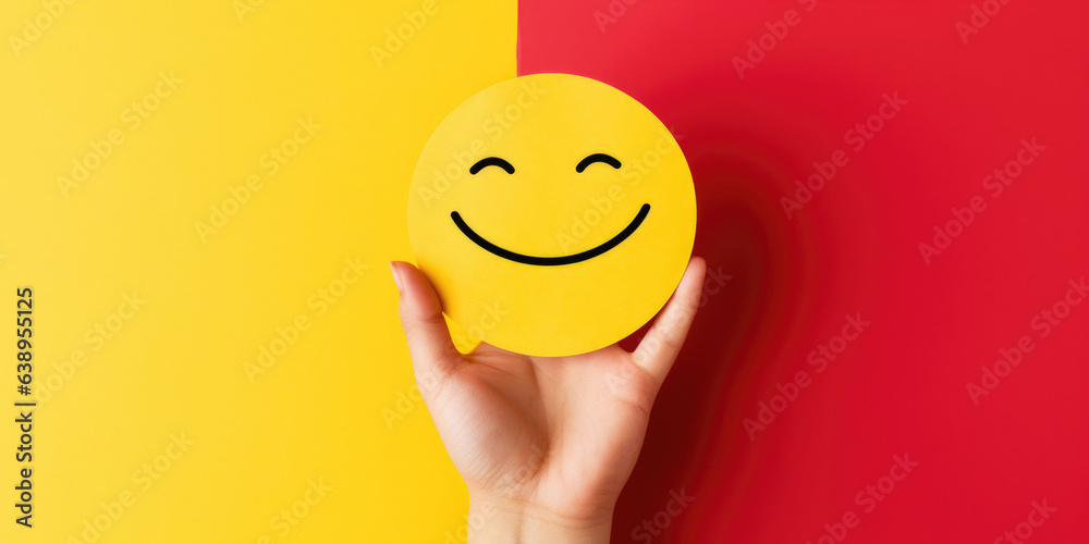 Hand holding paper cut smile face, positive thinking, mental health assessment , world mental health day concept, generative ai Hand holding paper cut smile face, positive thinking, mental health assessment , world mental health day concept, generative ai