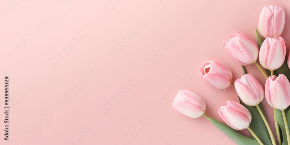 Top view tulip flowers on pink blank paper background, Copy space, Mother's Day Concept, Feminine concept, generative ai