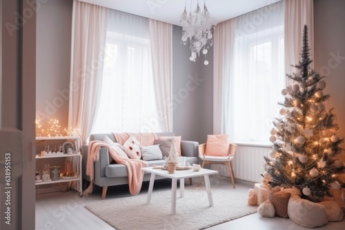 Small cozy living room in light gray and pink colors with Christmas tree. New Year or Christmas decorated interior. Horizontal format. Generated AI.