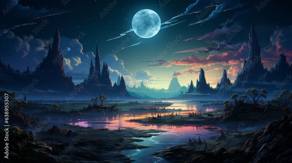 The glistening moonlight illuminates a majestic night sky, casting a serene ambience over the flowing river and peaceful landscape below