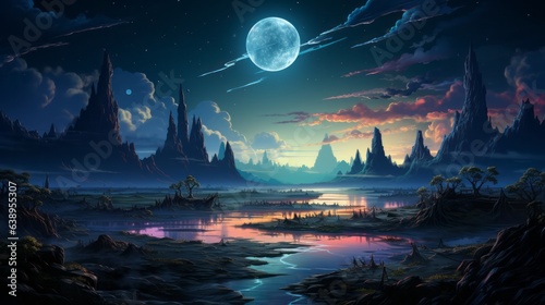 The glistening moonlight illuminates a majestic night sky, casting a serene ambience over the flowing river and peaceful landscape below © Envision