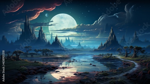 A tranquil landscape of a river beneath a night sky painted with a moon and stars, surrounded by lush trees and rocky banks, captures the beauty of nature in a dreamy anime-inspired setting