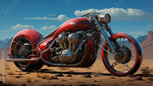 Valokuva On a hot summer day, a powerful red chopper motorcycle sits parked in the desert