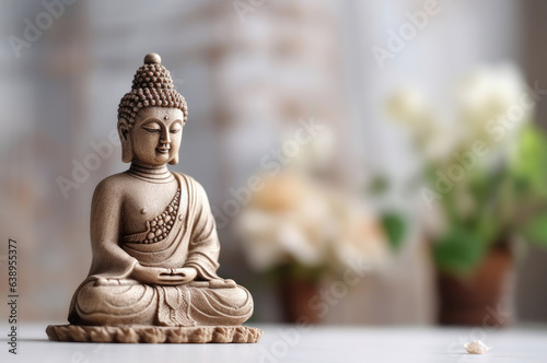 Buddha statue on a table  white flowers on the background. The composition embodies the essence of zen and calmness. Atmosphere of meditation and harmony. Copy space