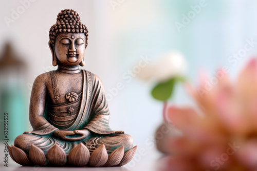 Serene Buddha figurine on a table. Lotus flowers on the background. The room exudes peace and balance  creating a zen-like ambiance. Copy space