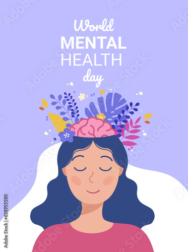 Mental health concept. Growing flowers from a girl's head. Female brain and tropical leaves in the head of a young woman isolated on a lilac background. World mental health day