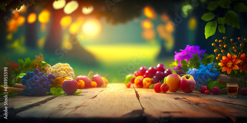 Nicely decorated wooden table. Delicious assortment of fresh fruits on the table. Stunning defocused bokeh lights create a dreamy atmosphere. The flash adds brightness to highlight the scene.