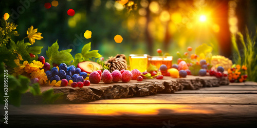 The wooden table creates a natural and earthy feel. Fruits on the table add bright colors and freshness. The defocused bokeh lights create a dreamy and magical atmosphere.
