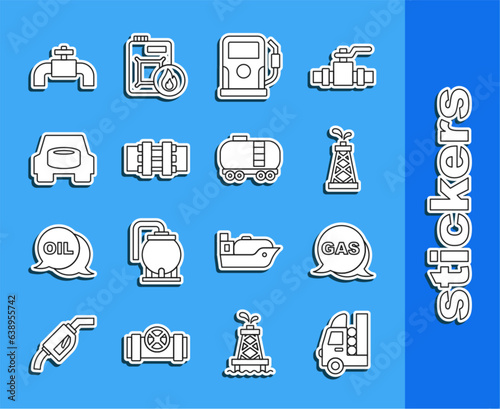Set line Gas tank for vehicle, Location and gas station, Oil rig, Petrol, Metallic pipes valve, Spare wheel in the car, and railway cistern icon. Vector