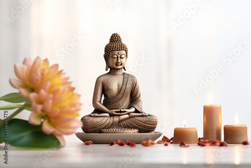 Serene Buddha figurine on a table amidst soft candlelight  surrounded by lotus flowers in a tranquil spa room. Aromatherapy and meditation concept. Copy space