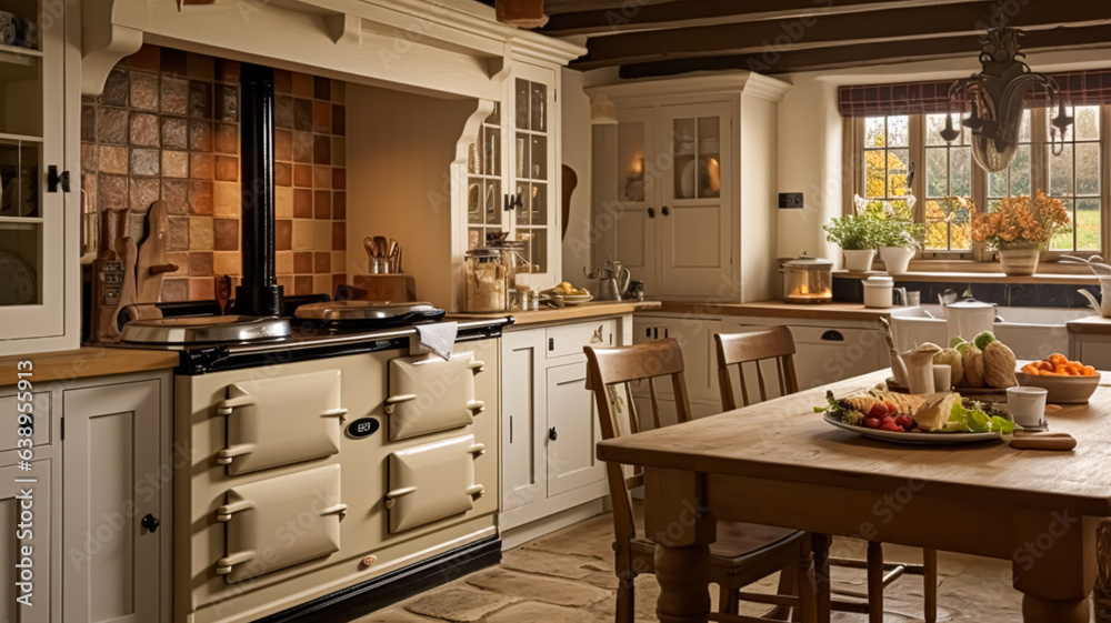 Autumnal kitchen decor, interior design and house decoration, classic English kitchen decorated for autumn season in a country house, elegant cottage style
