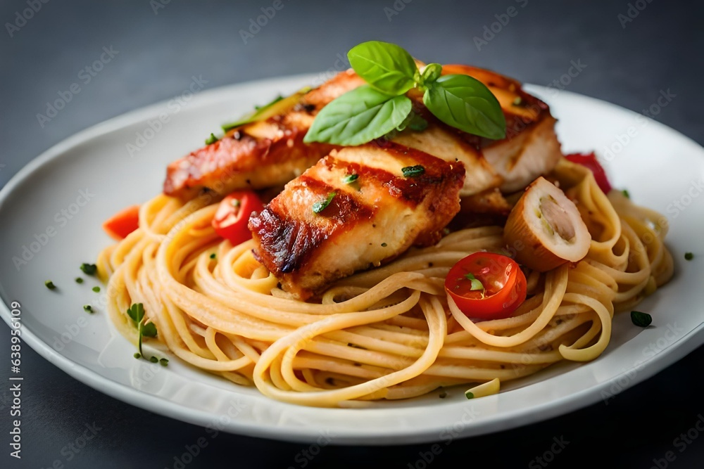 Delicious chicken and pasta dish placed on sleek gray background Delicious chicken and pasta dish placed on sleek gray background