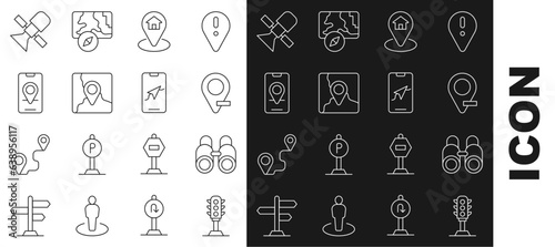 Set line Traffic light, Binoculars, Location, with house, Folded map location marker, City navigation, Satellite and icon. Vector