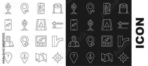 Set line Wind rose, Road traffic sign, Parking car barrier, City map navigation, Hotel for, Speed limit and icon. Vector