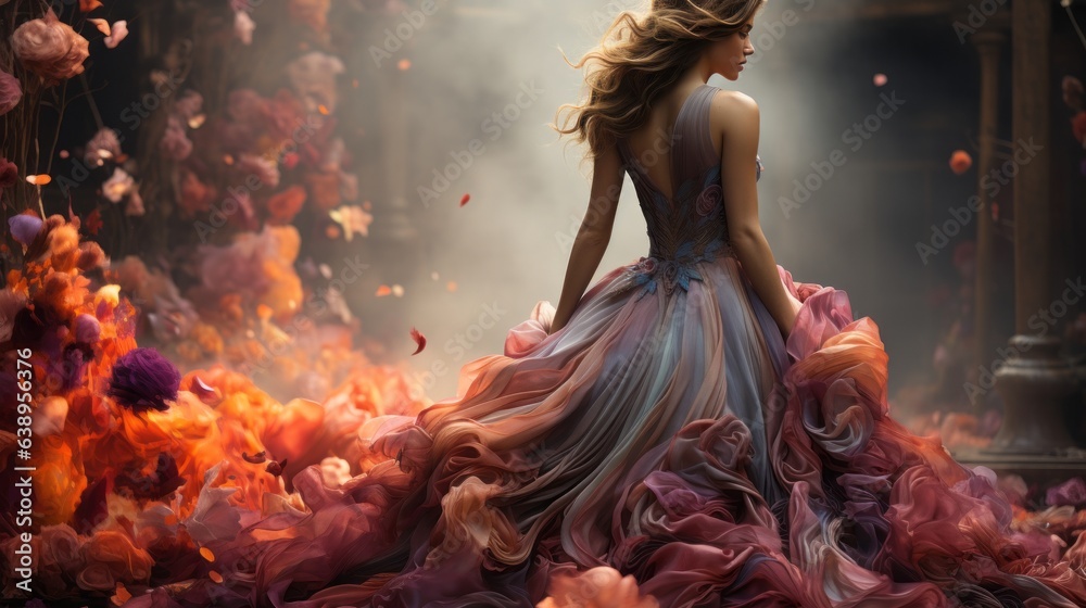 A fiery fashionista stands proudly in her dazzling dress, a vibrant reef of fabric radiating around her