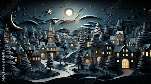 The full moon illuminates an intricately crafted paper village, evoking a sense of whimsical nostalgia and artistry