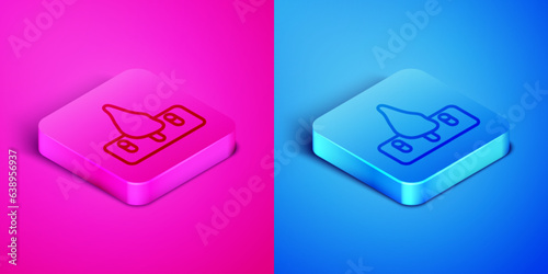 Isometric line Deforestation icon isolated on pink and blue background. Chopping forest, destruction of wood. Danger for ecology and air pollution. Square button. Vector