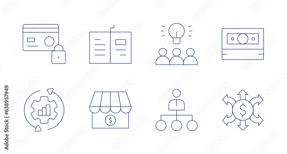 Business icons. editable stroke. Containing credit card, open book, idea, money, continuous, my business, hierarchy, money flow.