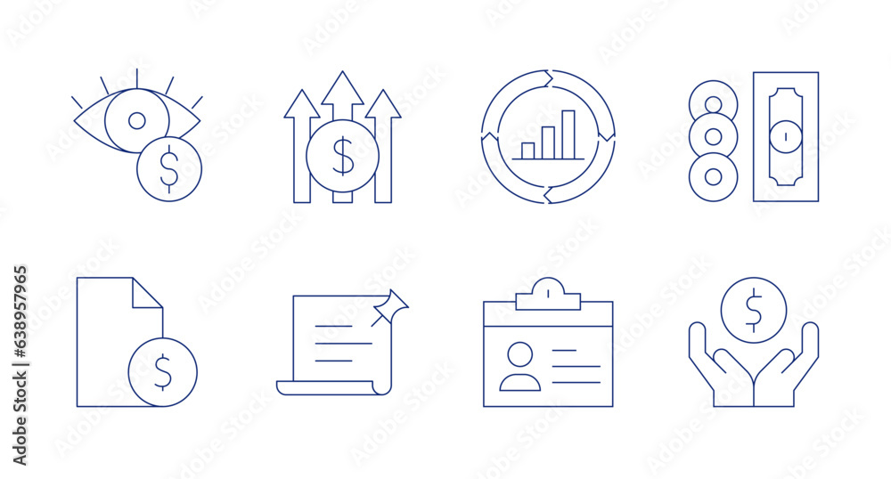 Business icons. editable stroke. Containing currency, profit, improvement, money, contract, notes, id card.