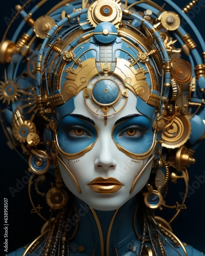 A beautiful woman adorned in a shimmering golden masque looks back at the viewer, her expression a tantalizing mystery behind the mask