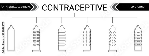 Set of contraceptive line icons. Types of condoms. Vector line icons. contraceptive methods icon pack