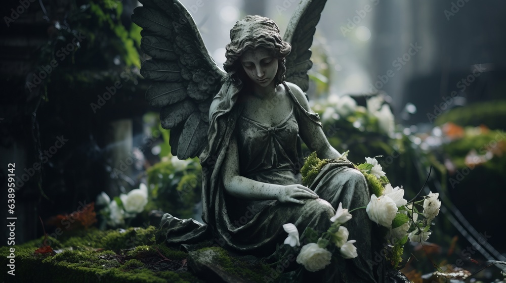 Angel monument at the tombstone of the grave. Cemetery, architecture - obrazy, fototapety, plakaty 