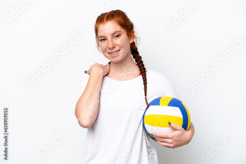 Young caucasian reddish woman playing volleyball isolated on white background laughing