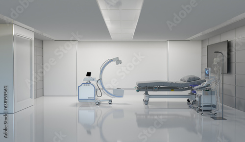 Clean medical room with c arm and hospital bed, 3d illustrations rendering