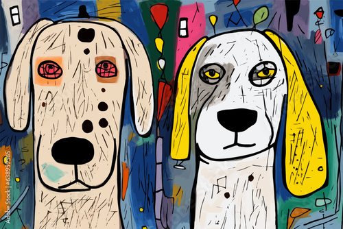 Close-up faces of two serious stray dogs outside on the street. Childish gouache portrait of 2 sad animals
