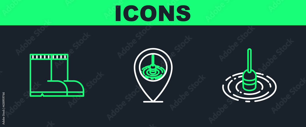 Fototapeta premium Set line Fishing float in water, boots and Location fishing icon. Vector