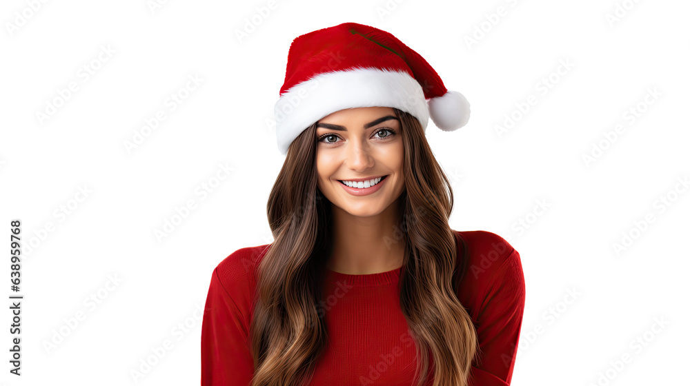 beautiful lady wearing a festive Santa hat and little red sweater, great smiling, white background, cropped, AI