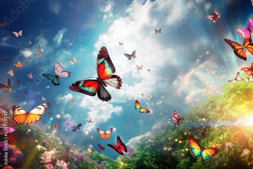 Colorful butterflies flying over green meadow with flowers and blue sky