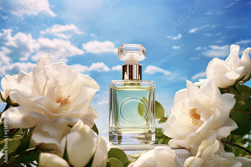 Transparent bottle of perfume surrounded by white gardenia flowers on blue sky background. Floral perfume bottle with white blooming flowers. Elegant luxury fragrance presentation with daylight