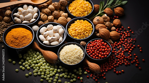 Different type of raw dry legumes composition. White beans, lentils, bulgur, chickpeas, kidney beans, corns, rice