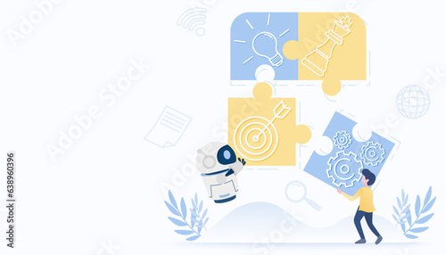 Artificial intelligence (AI) technology and assemble jigsaw puzzle strategy. Collaboration, tactical planning, solving problem, competition, opportunity, goals, target to business success.