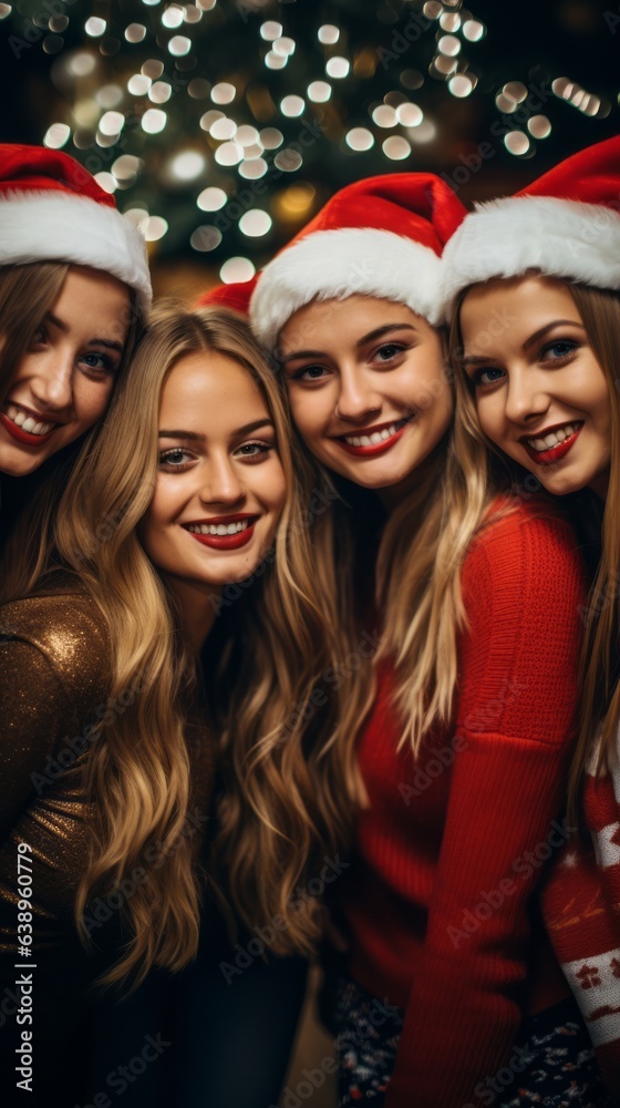 Christmas party with beautiful young women. Generative AI Christmas party with beautiful young women. Generative AI