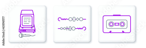 Set line Retro audio cassette tape, Karaoke and Grilled shish kebab icon. Vector